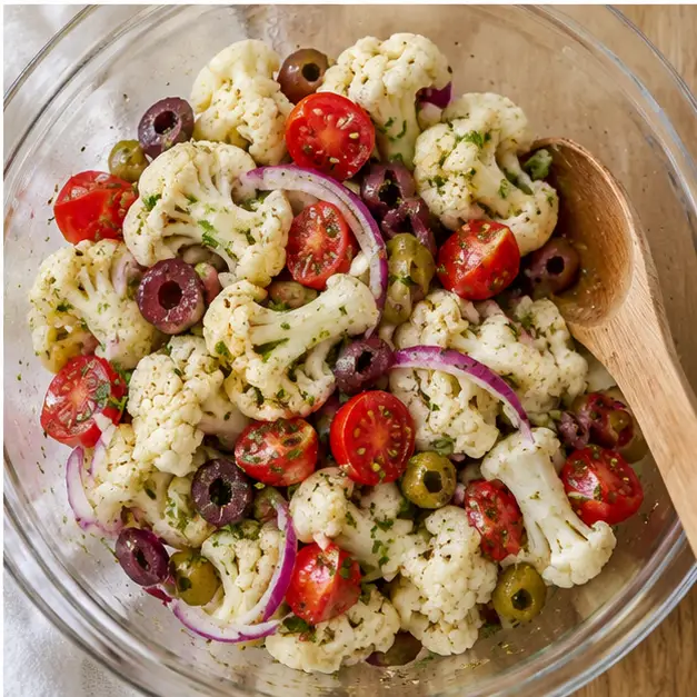 Step 4: Tossing the marinated cauliflower salad with tomatoes and olives