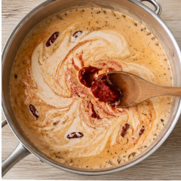 Add broth and cream and simmer with seasonings to build the base