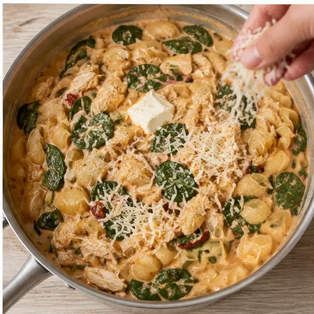 Fold in spinach, rotisserie chicken, cream cheese, and Parmesan until melted