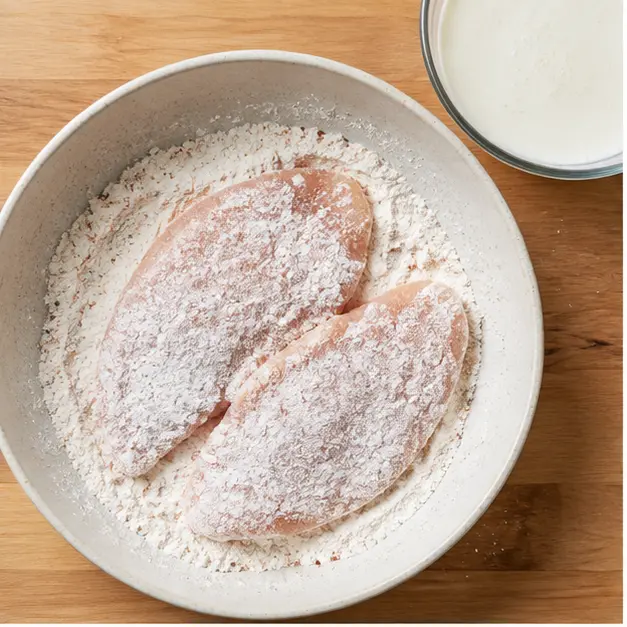 Step 1: Dredging chicken cutlets through seasoned flour