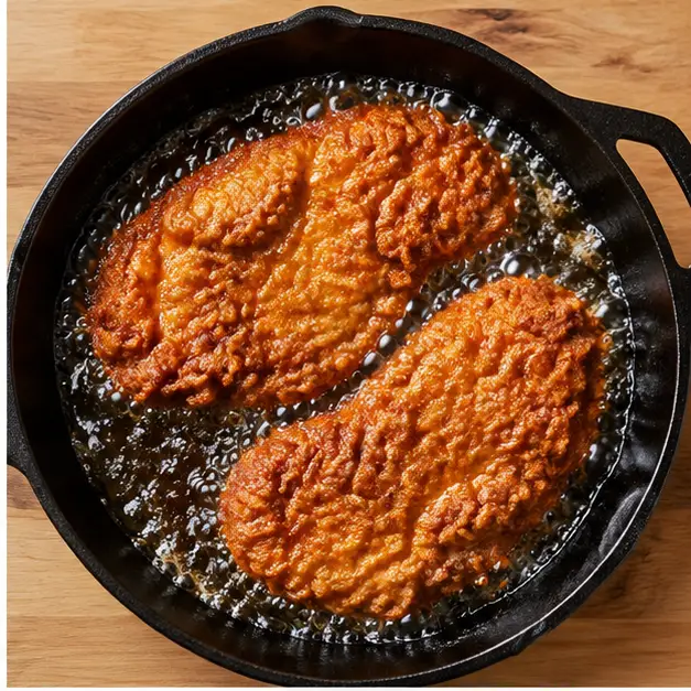 Step 2: Frying breaded cutlets in hot oil until golden brown