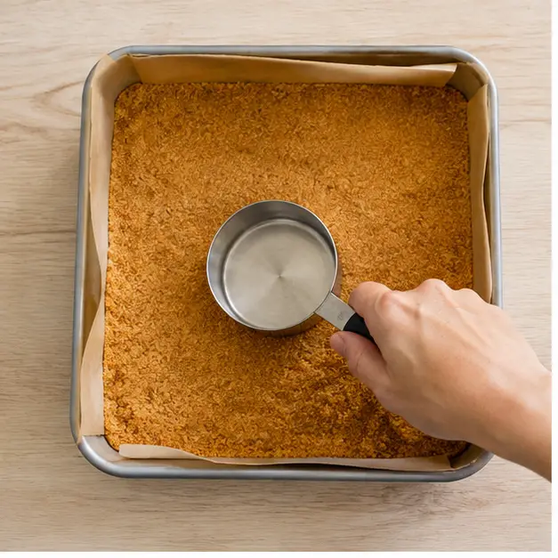 Pressing the spiced graham crust into the pan