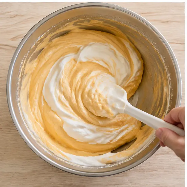 Folding whipped cream into the pumpkin filling