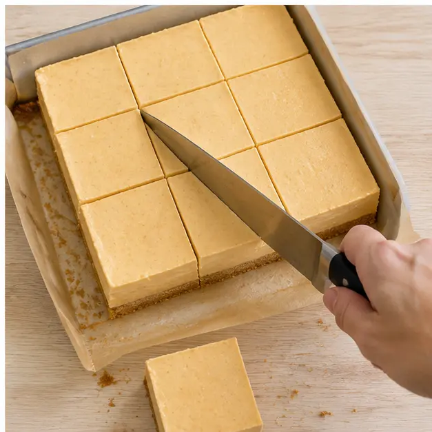 Slicing the chilled bars into clean squares