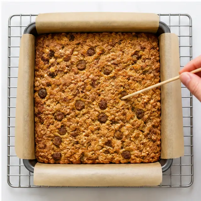 Bake the bars until set, then cool and slice into equal squares.