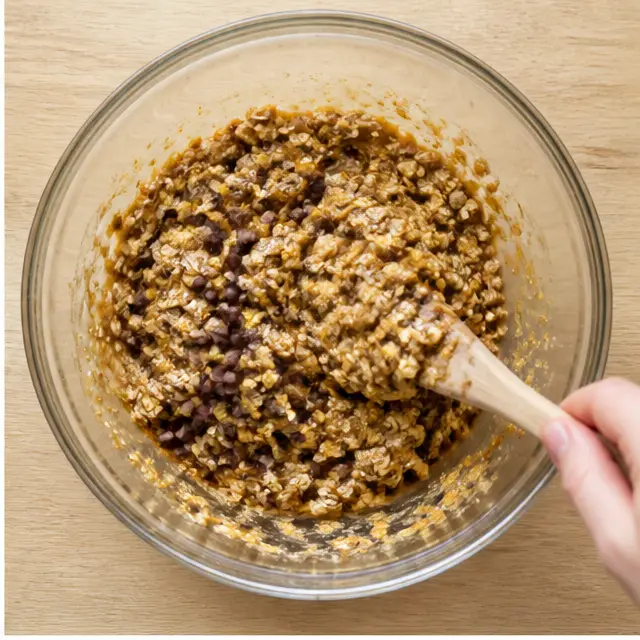 Step 2: Stir in rolled oats, oat flour, cinnamon, salt, and chocolate chips, then rest the batter