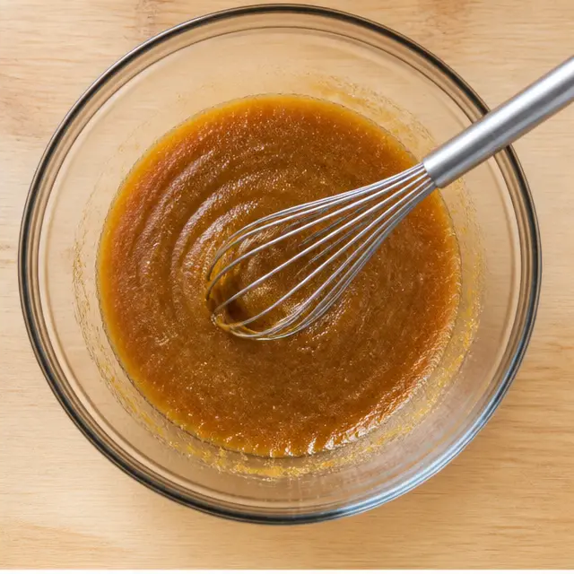 Step 2: Whisking melted butter with brown sugar into a glossy wet mixture