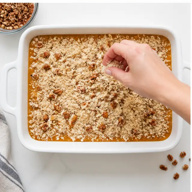 Step 3: Sprinkle cake mix and pecans on top