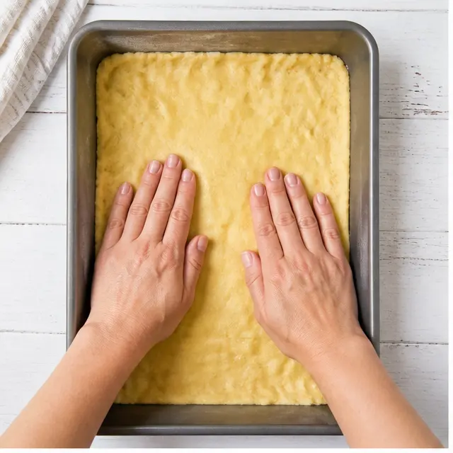 Step 1: Pressing the soft cake mix dough evenly into a buttered 9x13 pan