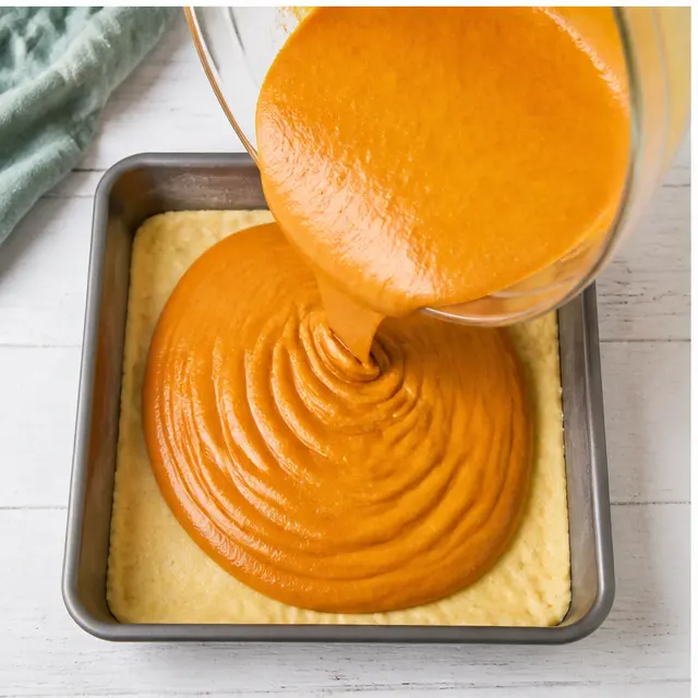 Step 3: Pouring the glossy pumpkin filling over the pressed crust