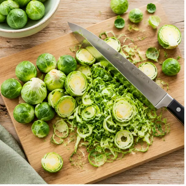 Step 1: Shave Brussels sprouts into paper-thin ribbons with a sharp knife