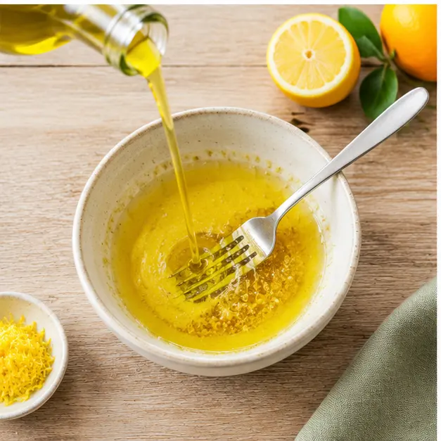 Step 3: Whisk Meyer lemon juice and olive oil into a bright dressing