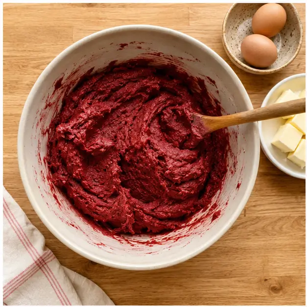 Step 1: Mixing red velvet cake mix dough in a ceramic bowl