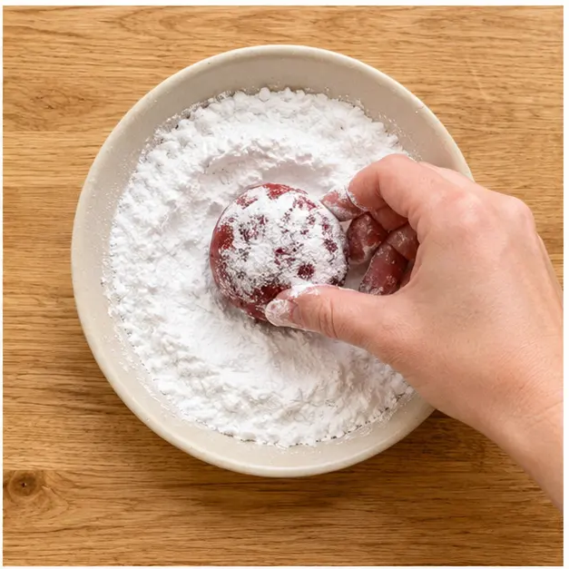 Step 2: Rolling dough balls generously in powdered sugar