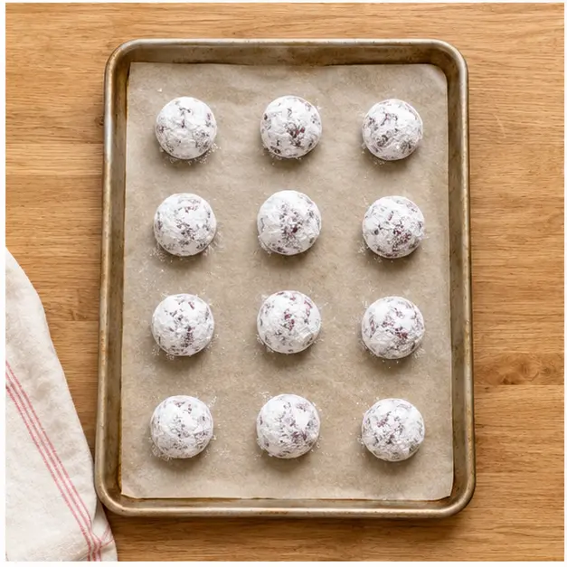 Step 3: Arranging coated dough balls on parchment lined baking sheet