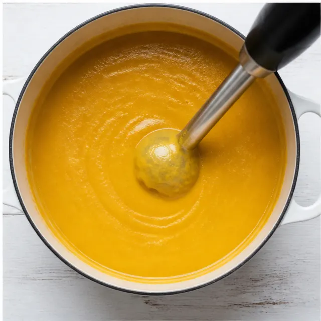 Step 4: Pureeing the soup until velvety smooth with an immersion blender