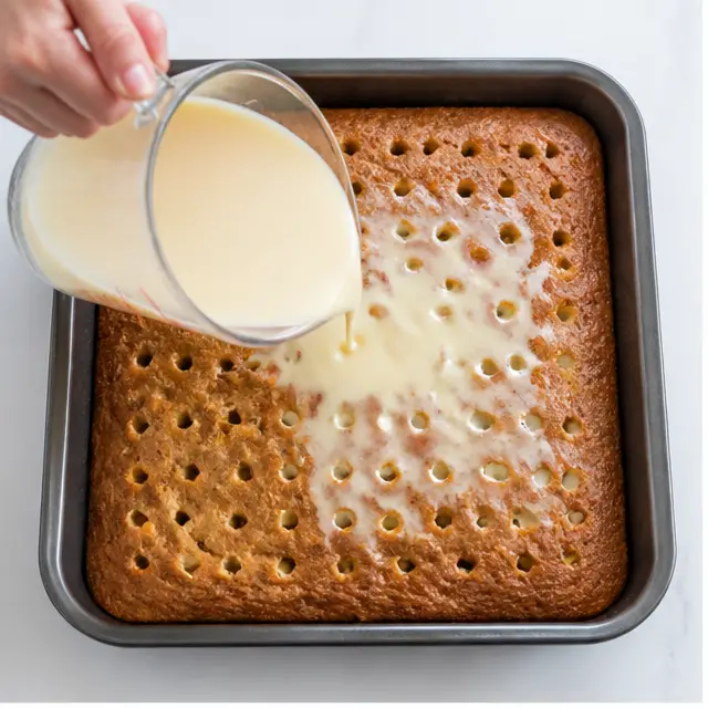 Step 1: Pouring condensed milk over the warm baked cake