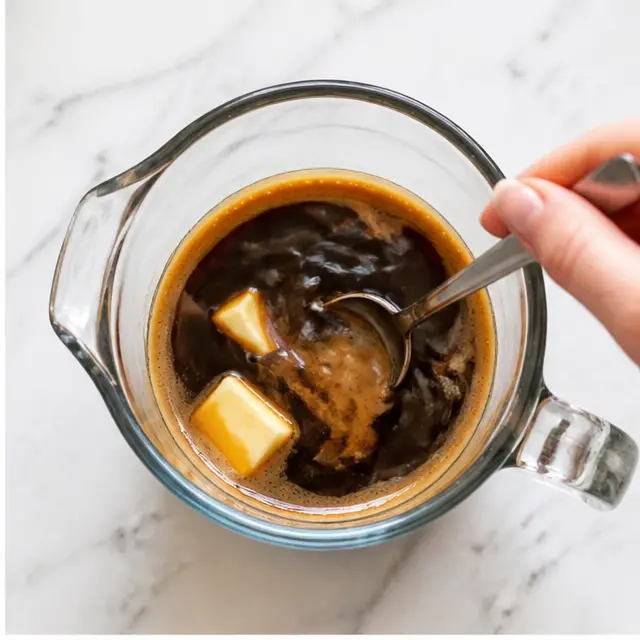 Step 2: Stir freshly brewed espresso with maple syrup, softened butter, and a pinch of salt.
