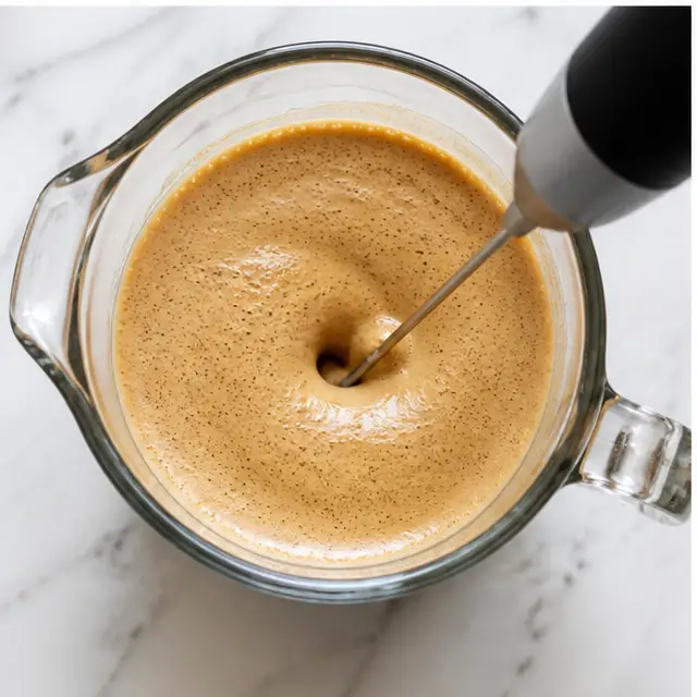 Step 3: Froth the espresso mixture with a handheld frother until thick and creamy foam forms.