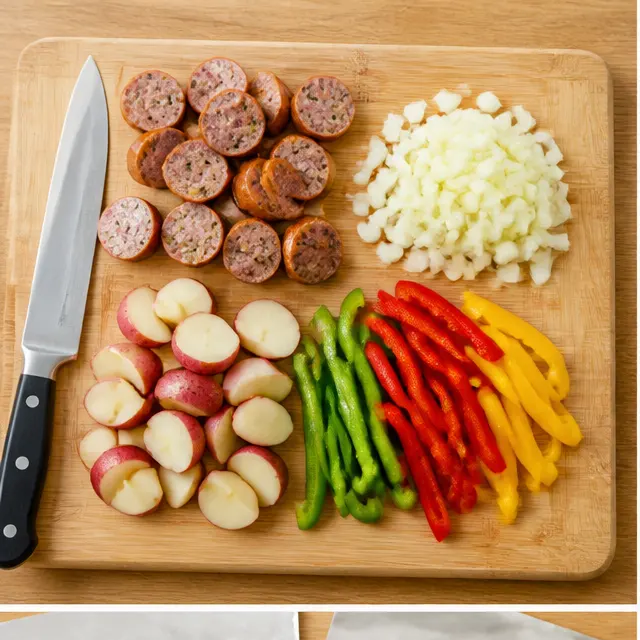 Step 1: Slicing sausage into coins and prepping vegetables on a cutting board