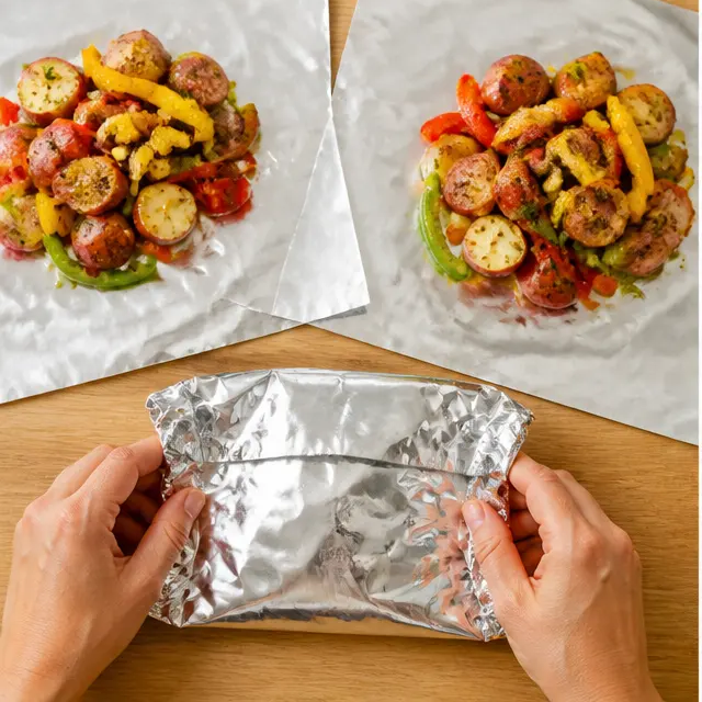 Step 3: Dividing and sealing the aluminum foil packets for the grill