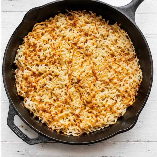 Step 2: crisp the frozen shredded hash browns in the same skillet until lightly browned