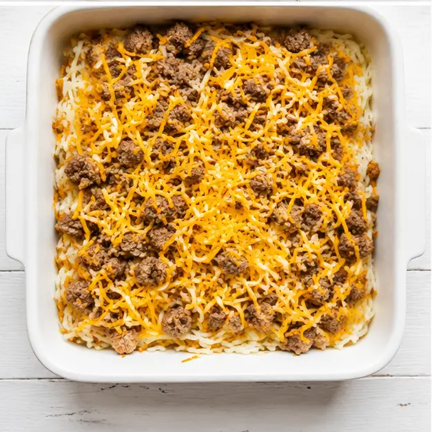 Step 3: layer the crispy hash browns, sausage crumbles, and cheddar in the 9x13 dish