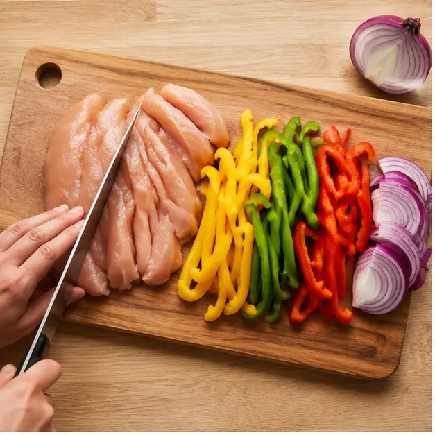 Step 1: Slice raw chicken fillets, colorful bell peppers, and red onion into thin uniform slices on a wooden cutting board