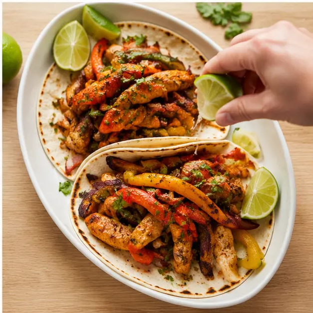 Step 4: Serve the finished fajitas on warm flour tortillas with fresh lime wedges and charred peppers