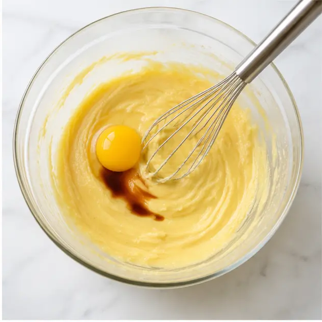 Mix in the egg yolk and vanilla extract until smooth