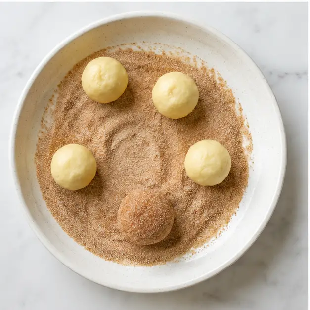 Roll dough balls in cinnamon-sugar coating until fully covered