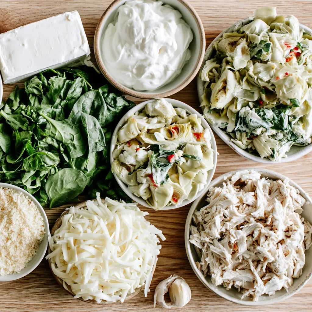 spinach artichoke chicken bake - main ingredients