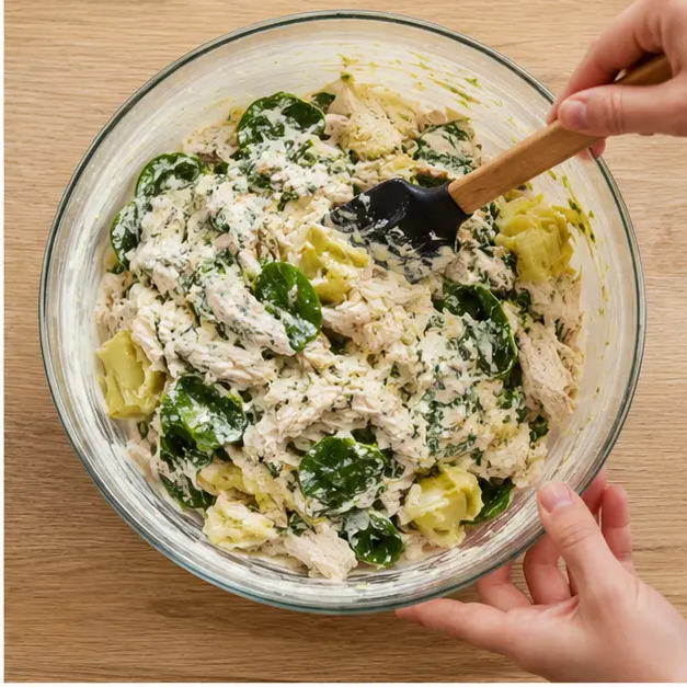 Step 2: Fold in artichoke hearts, spinach, and shredded chicken until coated.