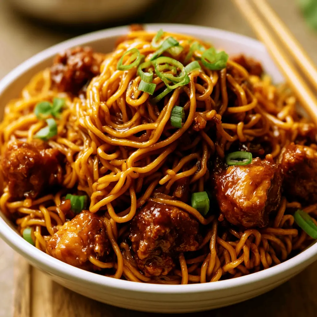sticky garlic chicken noodles - final presentation