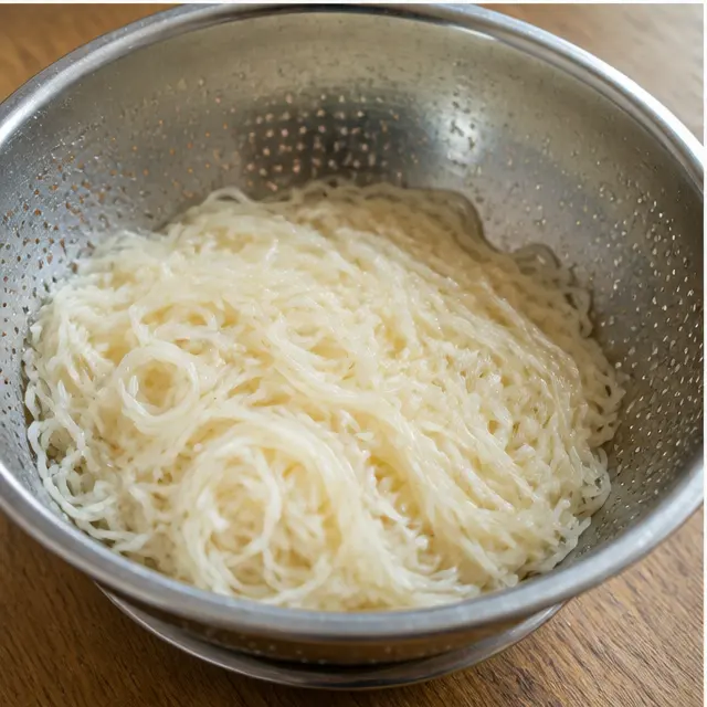 Step 3: Drain and rinse the cooked rice noodles
