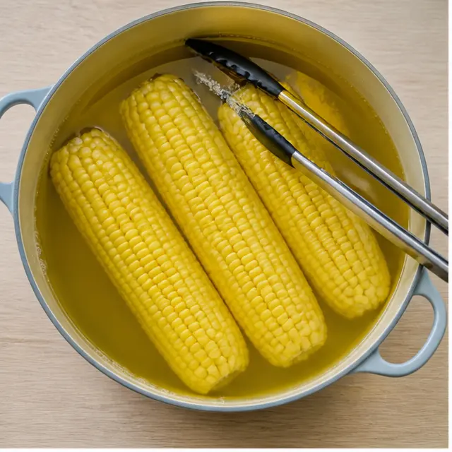 Simmering fresh corn ears in warm chicken broth