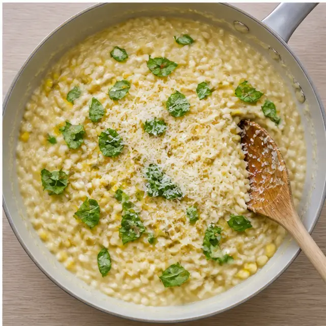 Folding corn and parmesan into creamy risotto