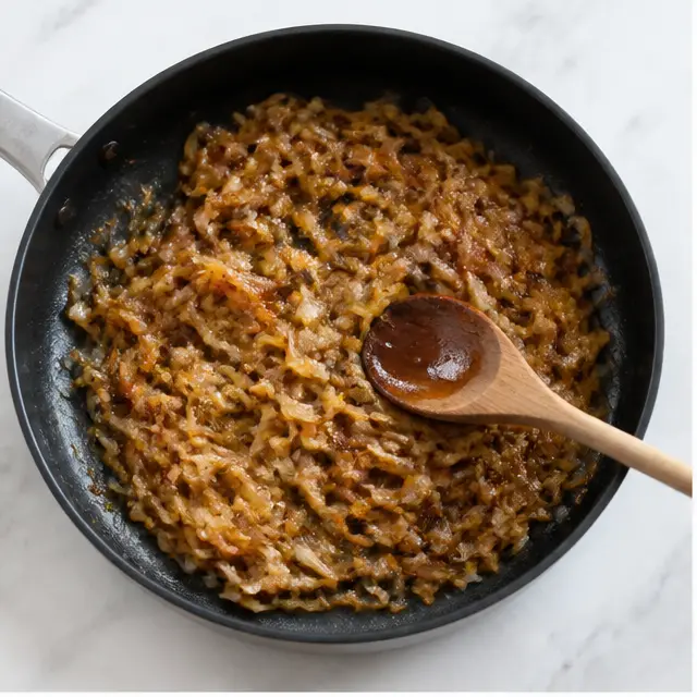 Caramelizing sliced yellow onions in butter until deeply golden and sweet