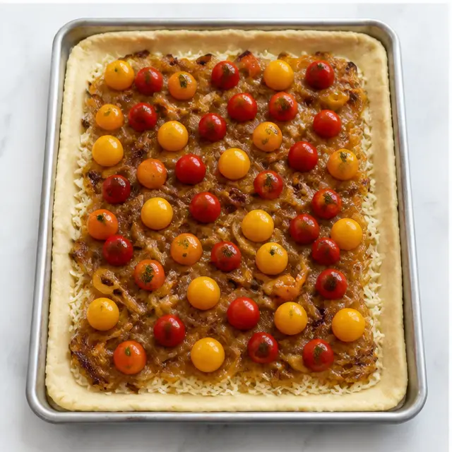 Layering grated Fontina, Parmesan, and Gruyère, then caramelized onions, then whole cherry tomatoes over the crust