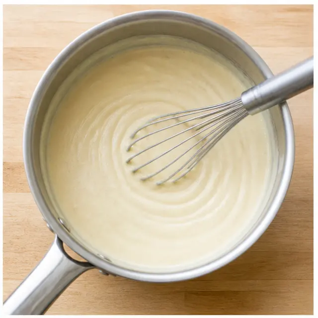 Whisk chicken broth and milk into the roux until glossy and thick