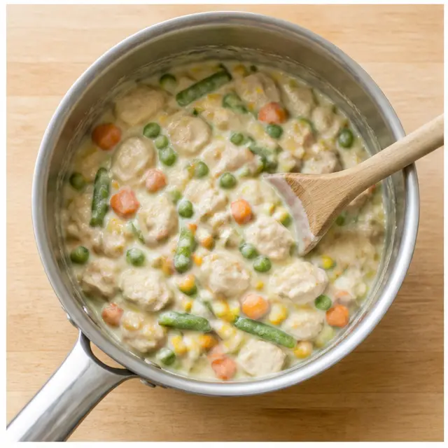 Fold cooked turkey and frozen mixed vegetables into the creamy sauce