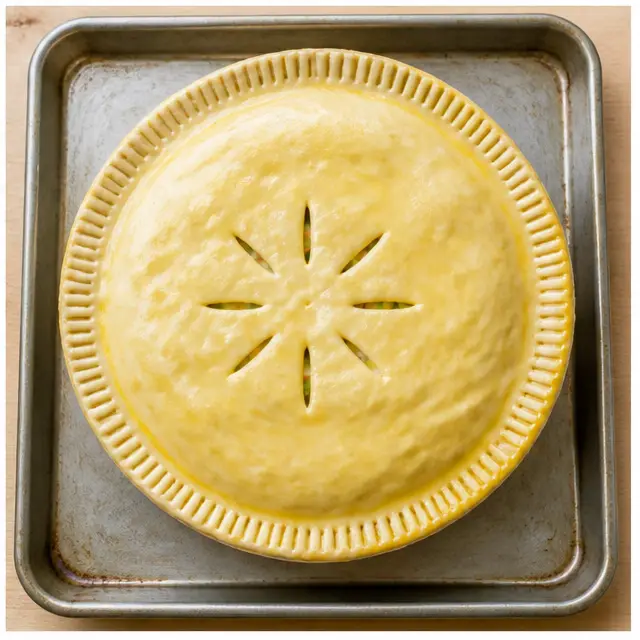 Crimp the top crust, cut steam vents, and brush with egg wash before baking