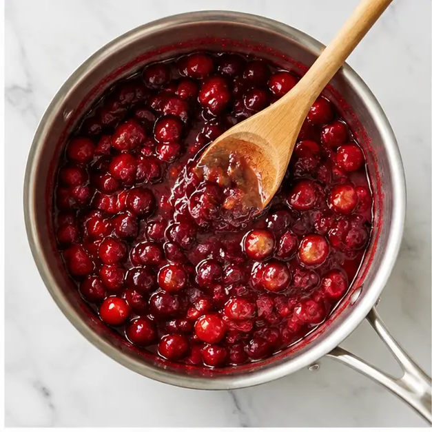 Simmering cranberries into a glossy ruby compote