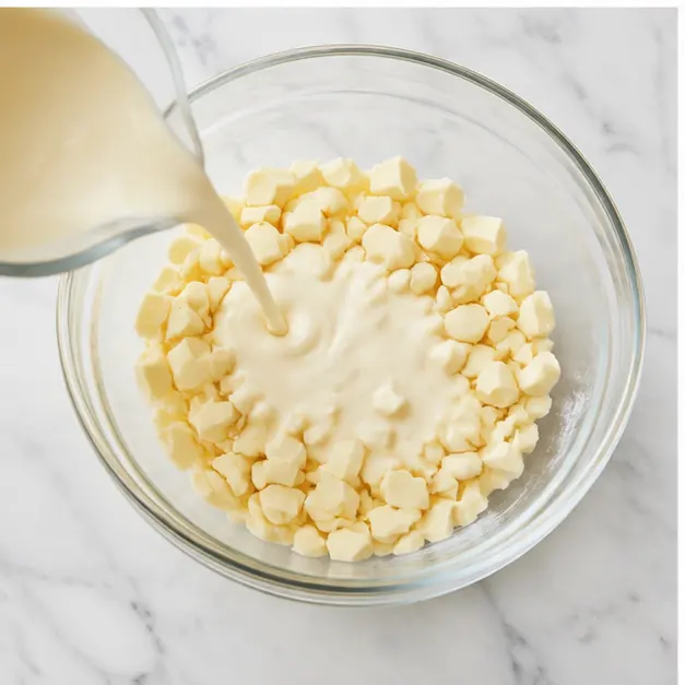 Pouring hot cream over white chocolate to make ganache