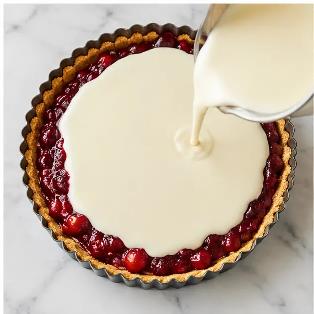 Pouring ganache over the cranberry layer to assemble