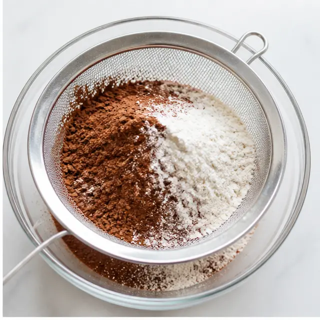 Sift flour and cocoa powder into the dry mix