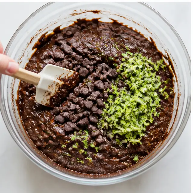 Fold grated zucchini and chocolate chips into thick batter