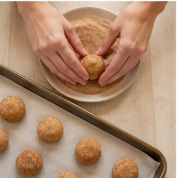 Shape 1-inch dough balls and roll in cinnamon sugar coating