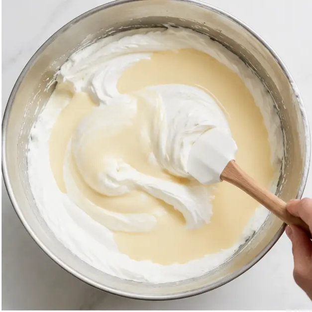 Folding sweetened condensed milk, vanilla, and salt into the whipped cream