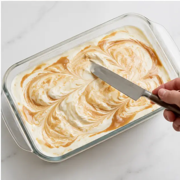 Swirling caramel ribbons through the base with a butter knife before freezing